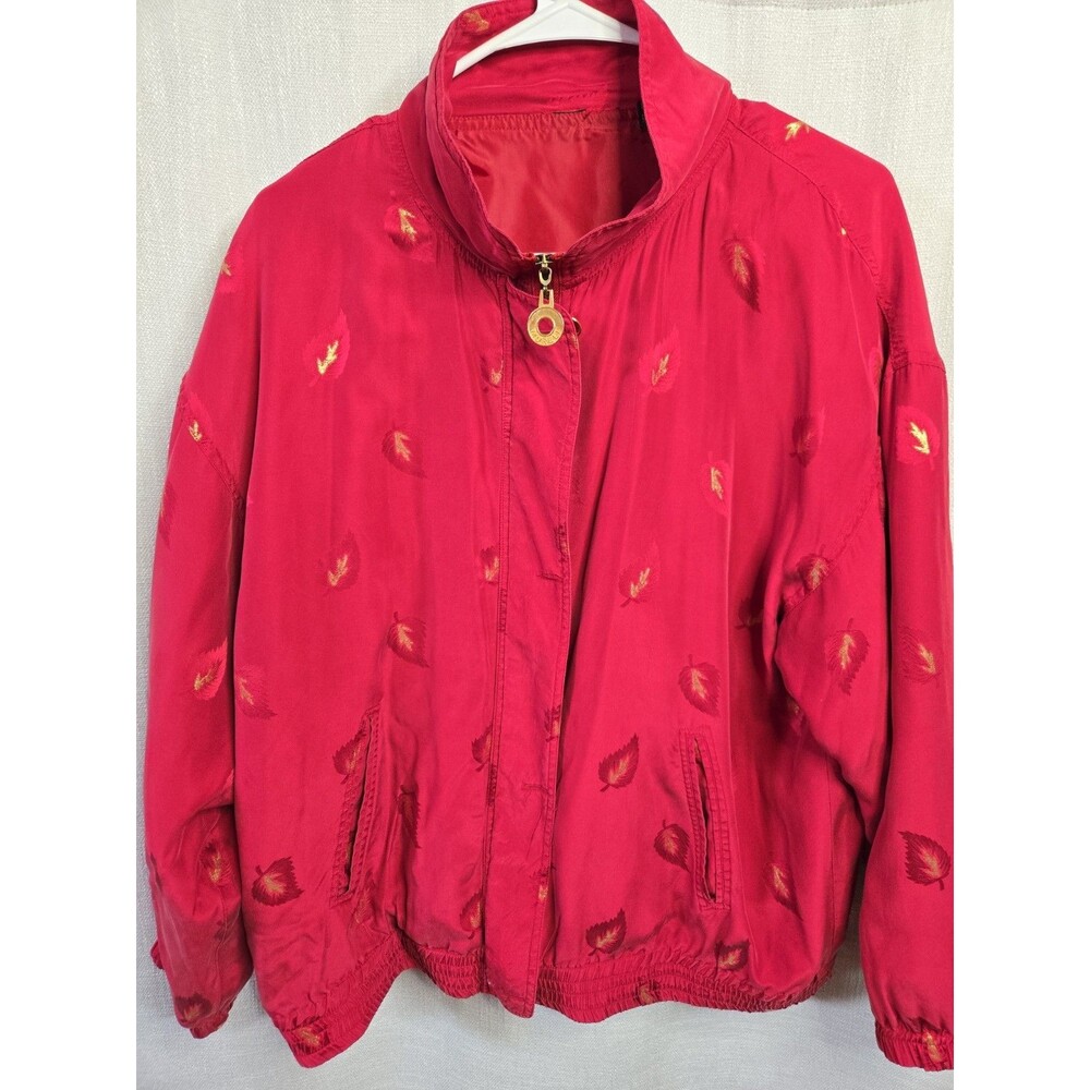 Vintage Mureli 100% Silk Leaf Print Jacket Burgundy Gold Womens Medium Full Zip